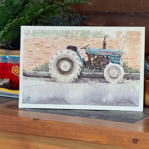 Original Watercolor Painting Blue & Red Tractor In India 12 x 8